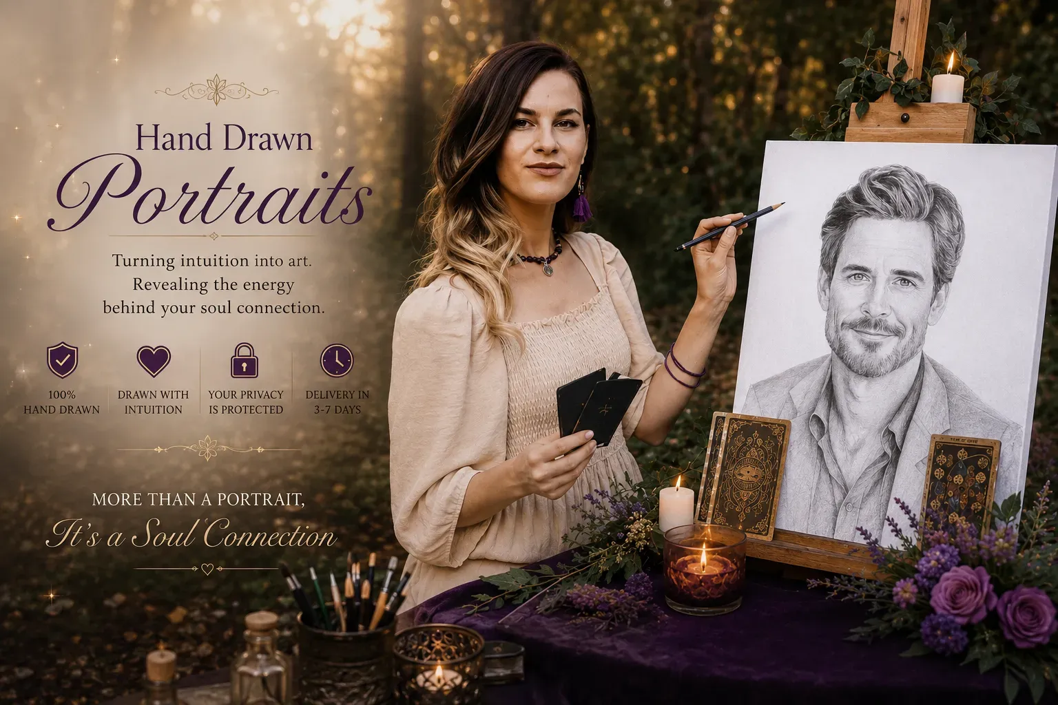 Artist hand-drawing a soulmate portrait sketch by candlelight for the Eva Bloom Soulmate Sketch