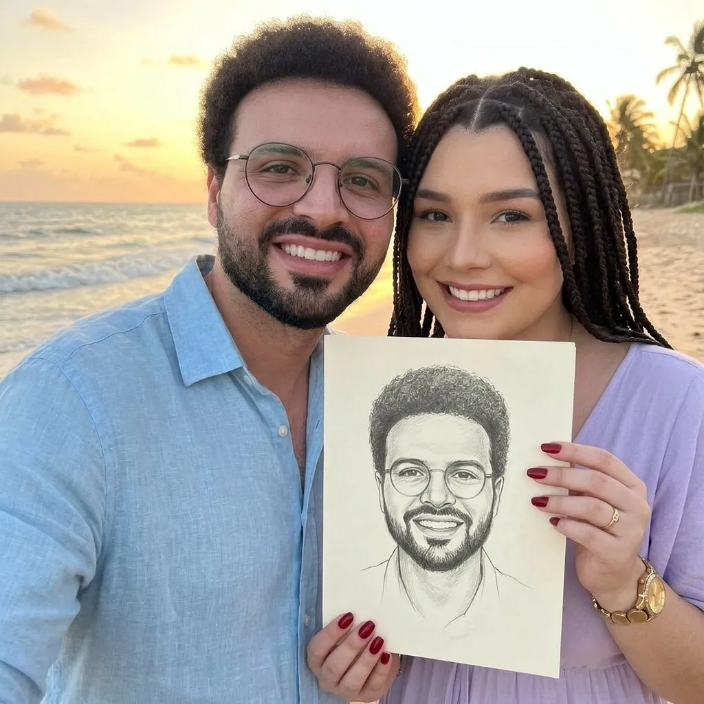 Couple on a beach holding a hand-drawn Eva Bloom Soulmate Sketch portrait